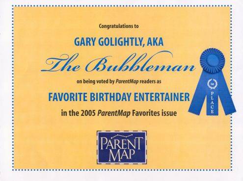 ParentMap Favorite Birthday Entertainer award for the Bubbleman